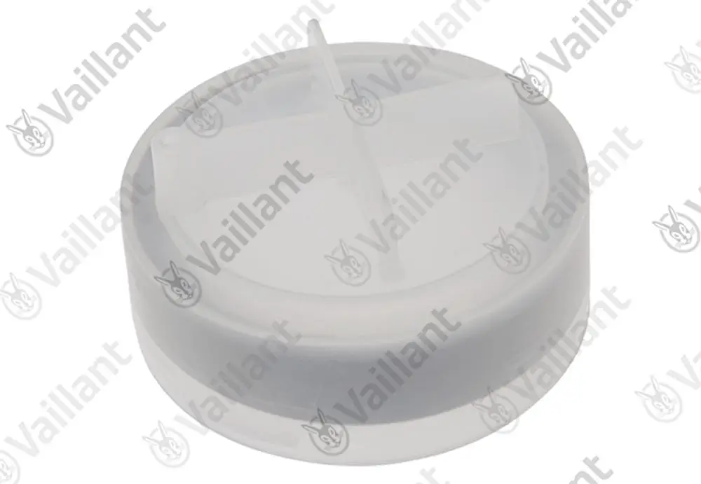 Transparenter Plastikdeckel von Vaillant mit einem zentralen Anschluss und zwei seitlichen Öffnungen, geeignet für Abgasverschlüsse.